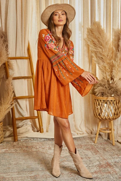 Embroidered Rust Shimmery Dress