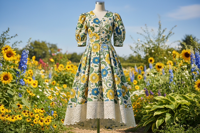a detailed dress with European Floral Print Cotton - Yellow, Blue, Green in summer look background