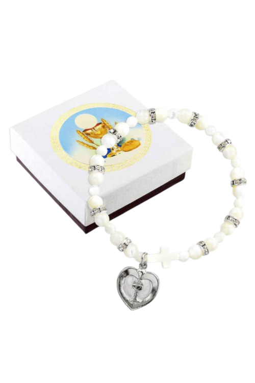 First Communion Pearl and Crystal Bead Stretch Bracelet