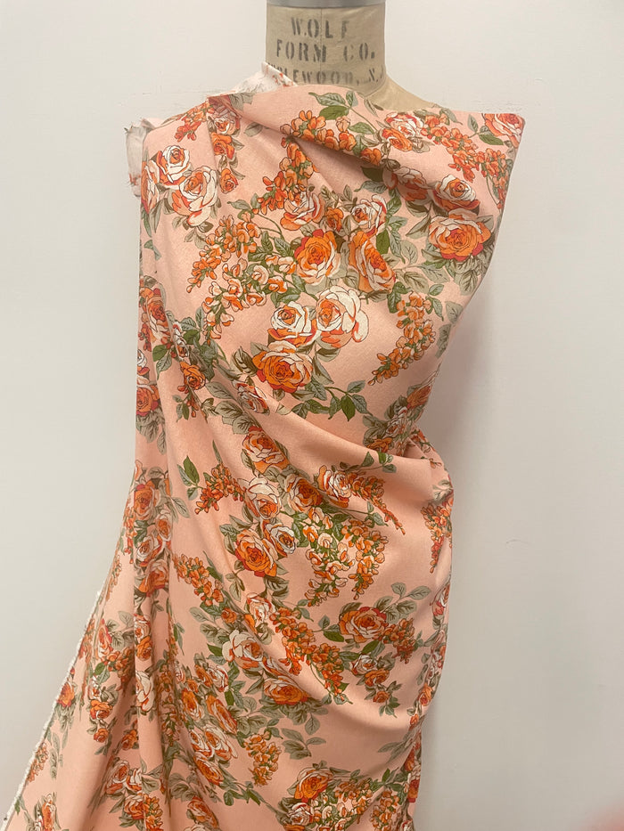 Floral Bouquet Linen Rayon - Pink, Red & Green