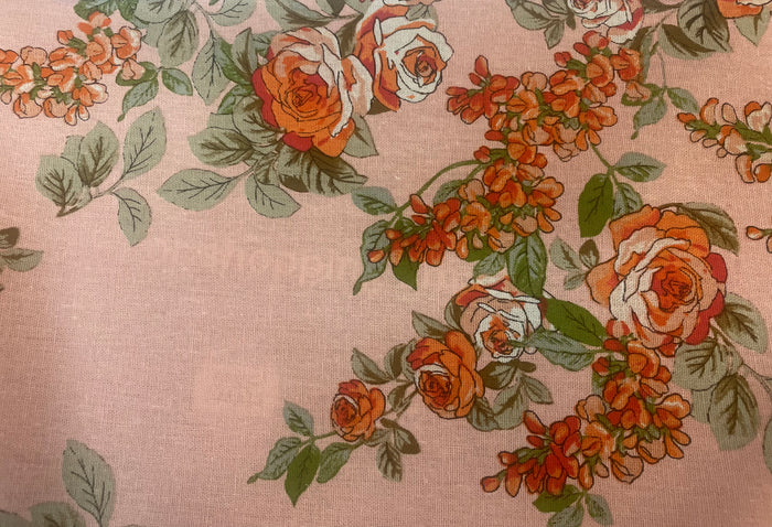 Floral Bouquet Linen Rayon - Pink, Red & Green