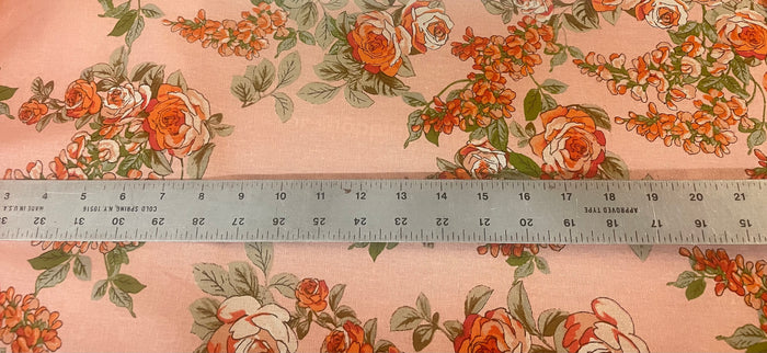 Floral Bouquet Linen Rayon - Pink, Red & Green