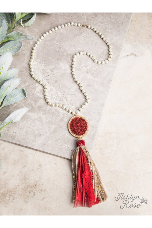 Glitter and Glam Statement Necklace with Medallion and Tassel, Red and Gold