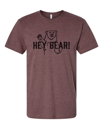 Made of Mountains Hey Bear! adult T-shirt featuring a playful bear graphic on soft cotton fabric.