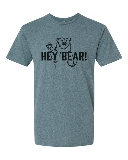 Made of Mountains Hey Bear! adult T-shirt featuring a playful bear graphic on lightweight cotton fabric.