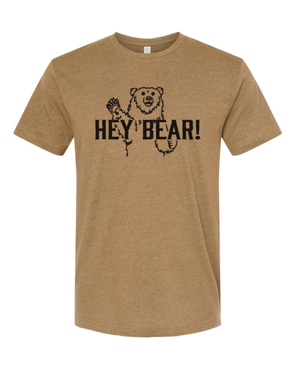Made of Mountains Hey Bear! adult T-shirt featuring a playful bear graphic on a casual cotton tee.