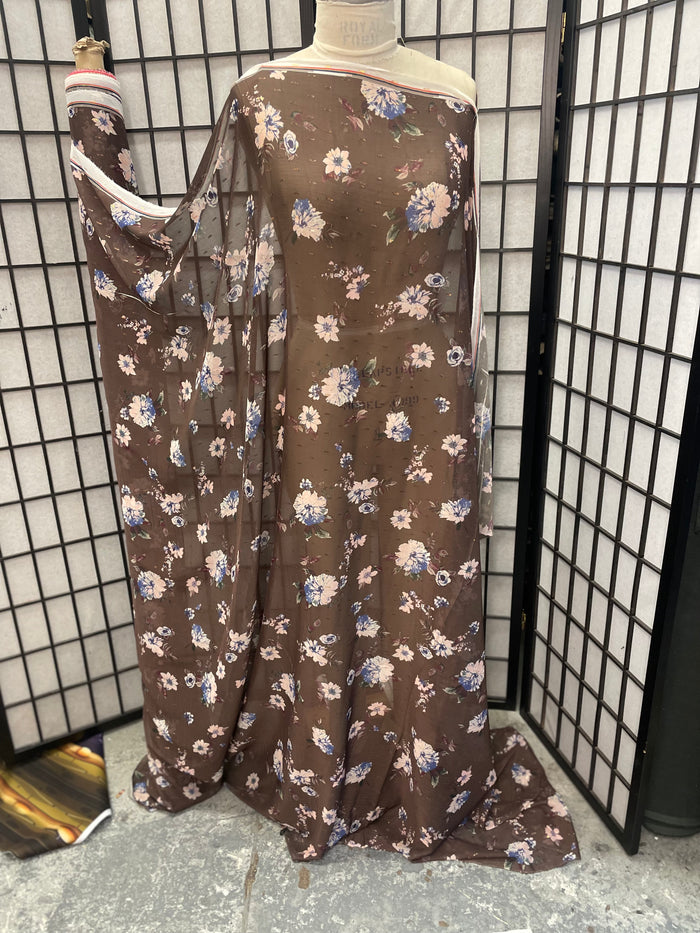 Floral Poly Chiffon - Brown, Pink, Blue and Gold