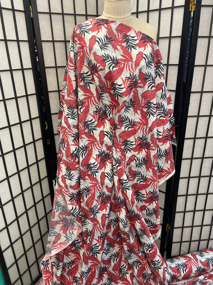 Floral Leaf Print Cotton Poplin - Red, Navy & White