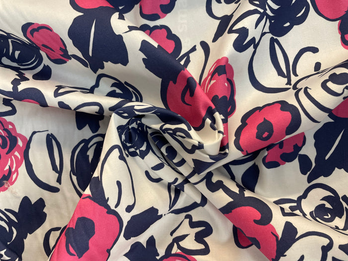 Italian Floral Print Cotton Satin - Pink/Navy/White