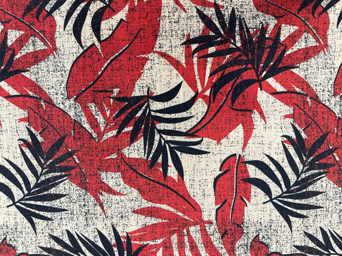 Floral Leaf Print Cotton Poplin - Red, Navy & White