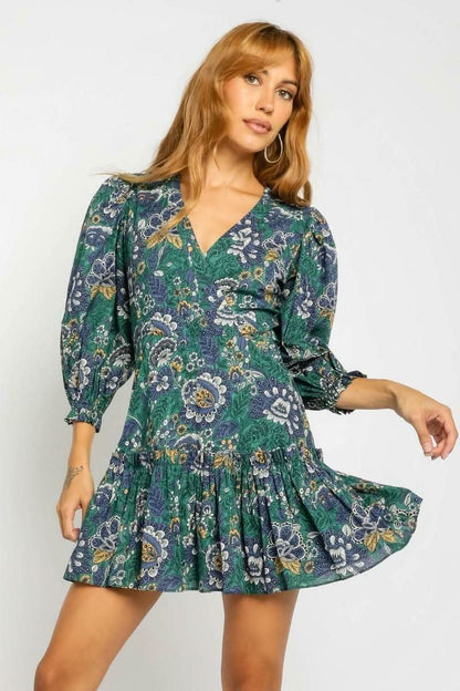 Loretta Green Floral Print Mini Dress