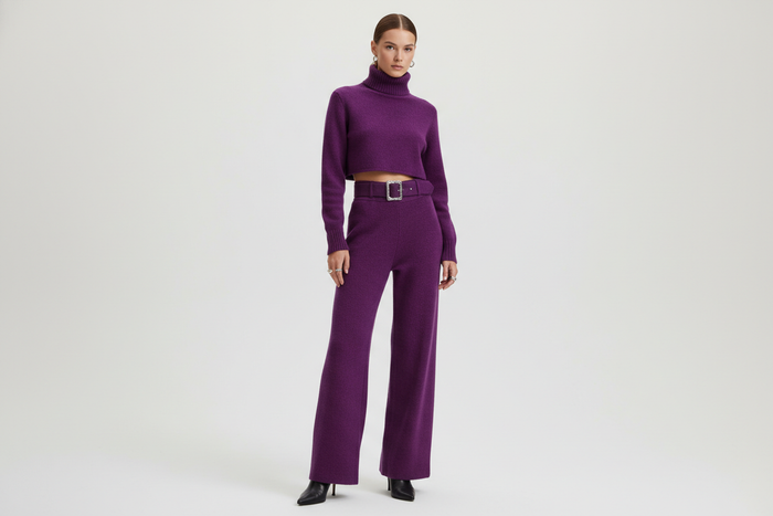 image of a woman wearing an on trend matching wool set in a royal purple color
