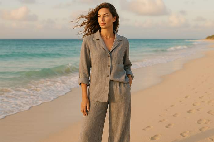 create an image of a woman wearing a heather grey linen matching set on the beach