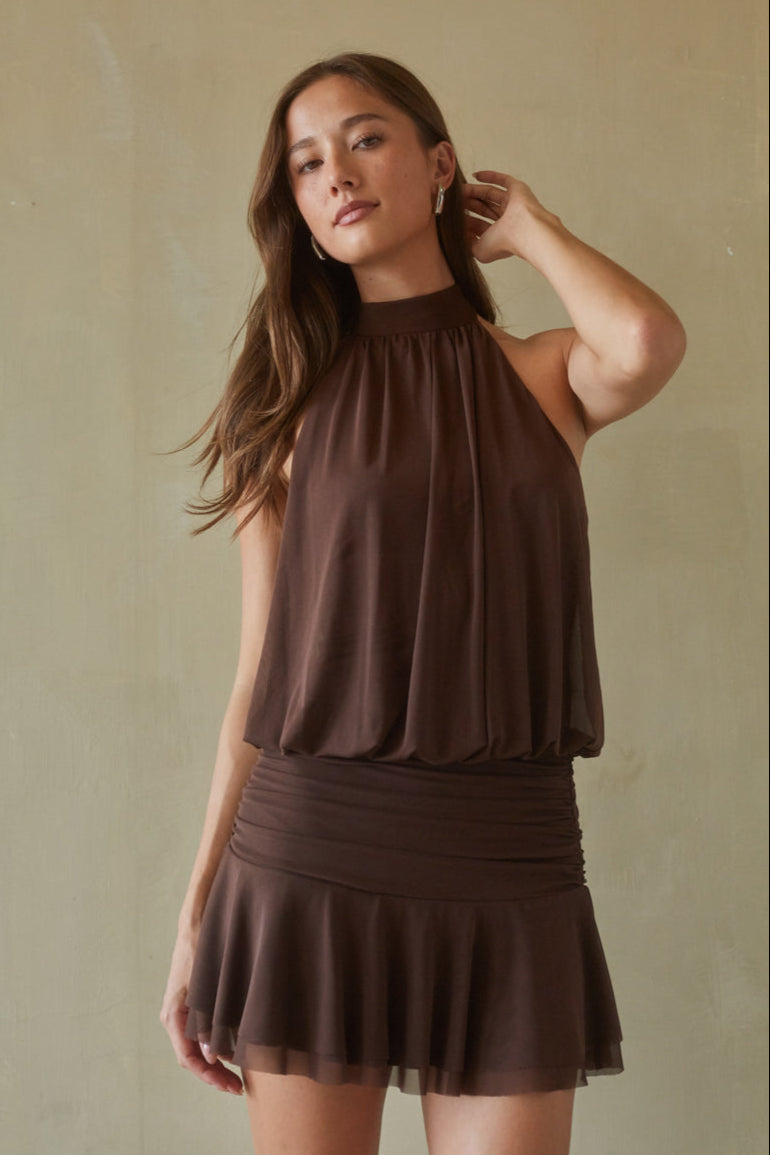 Journi High Neck Mesh Mini Dress