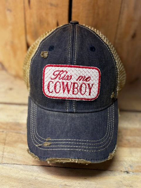 Kiss Me Cowboy distressed Trucker Hat