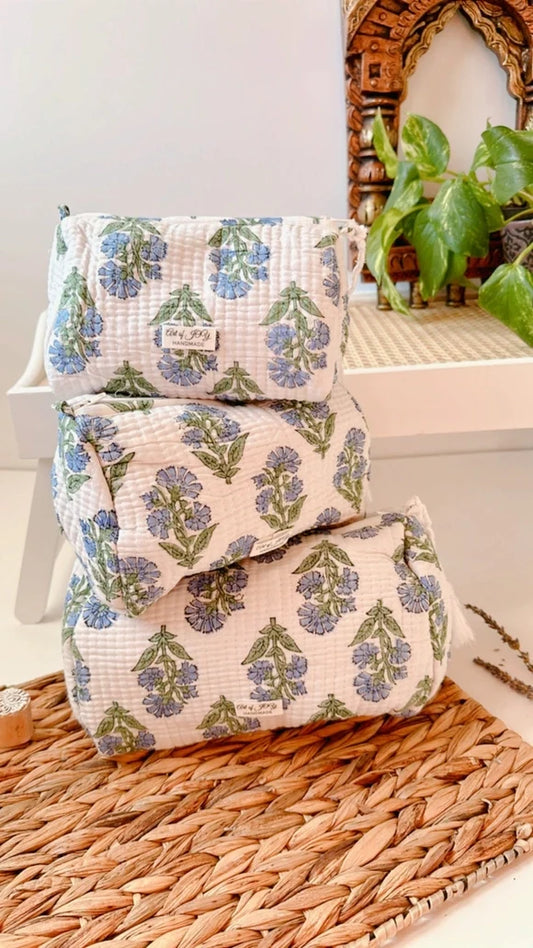 Large Hand Block Printed Cotton Toiletry Bag, Blue Wildflower