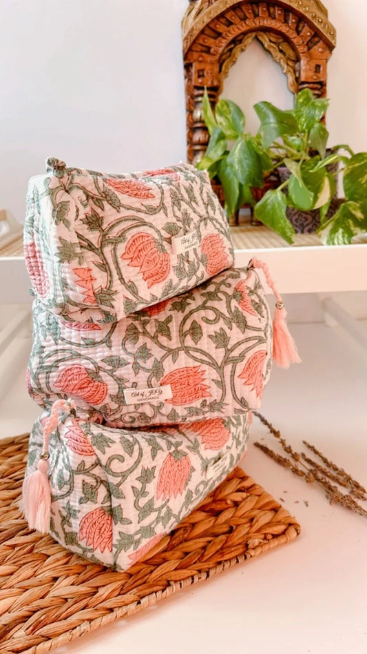 Large Hand Block Printed Cotton Toiletry Bag, Pink Lotus