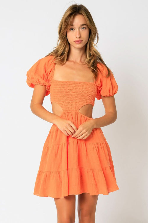Lindsey Orange Cutout Puff Sleeve Dress