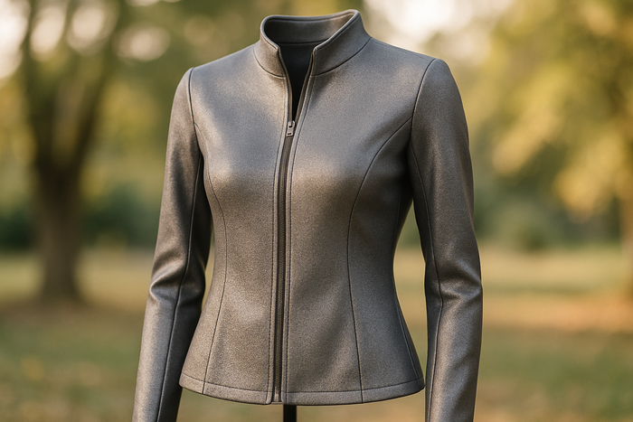 a lovely detailed  jacket in light out door with This is a soft medium weight scuba fabric. With a soft metallic finish this scuba is thinner than the average scuba! Flexible, fashionable and while offering stretch for a great fit. Perfect for a jacket, pants, dress, or skirt.
