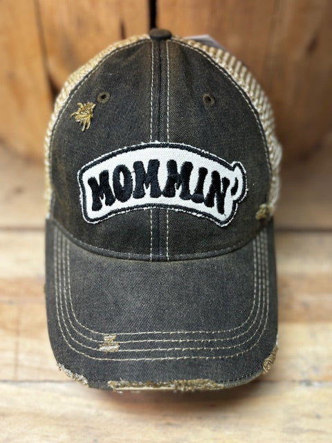 Mommin' distressed snapback mesh hat