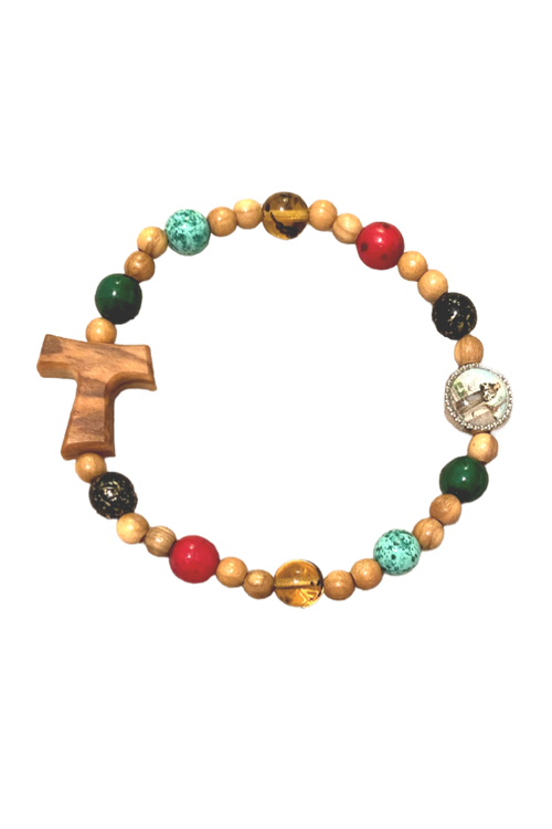 Olive Wood & Glass Bead Tau Stretch Bracelet