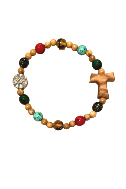 Olive Wood & Glass Bead Tau Stretch Bracelet
