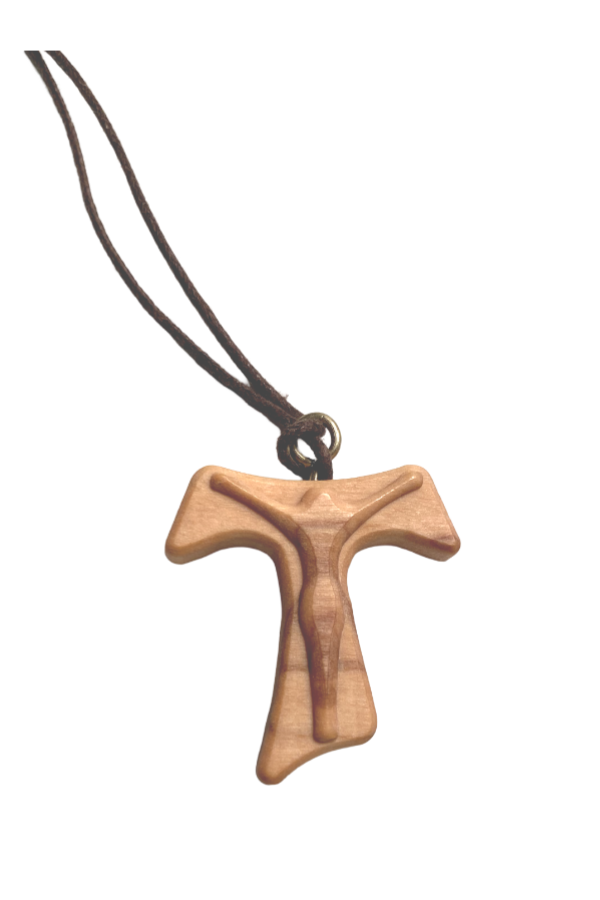 Olive Wood Tau Pendant with Carved Corpus