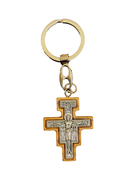 Olive Wood with Metal Inlay San Damiano Key Ring