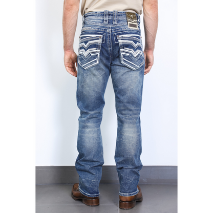 A pair of men's slim boot-cut blue jeans, showing the back view with a design on the pockets