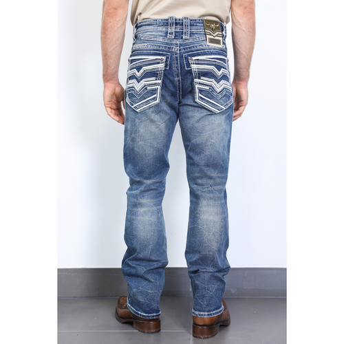 A pair of men's slim boot-cut blue jeans, showing the back view with a design on the pockets