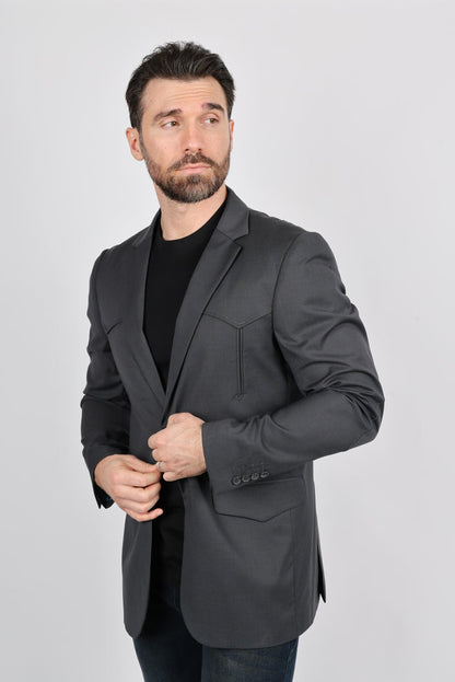 Platini Men's Black Western Sport Coat w/ Elbow Patch - Charcoal