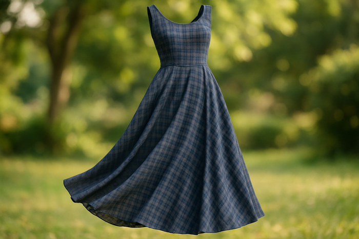 a lovely drape summer dress in outdoor area daylight with Poly Rayon  small Plaid - Navy &  Grey