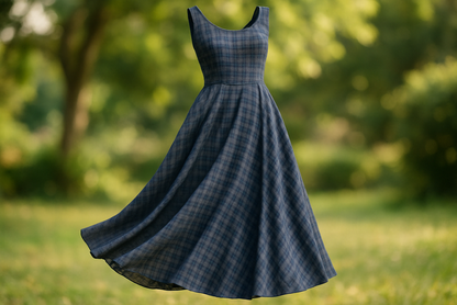 a lovely drape summer dress in outdoor area daylight with Poly Rayon  small Plaid - Navy &  Grey