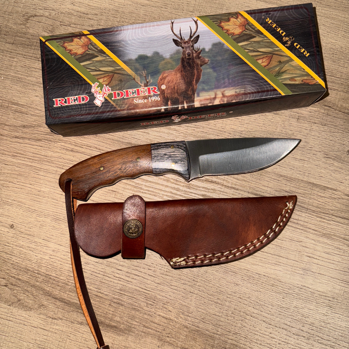 Red Deer® 8" Full Tang Hunting Knife – Stainless Steel Blade, Dual-Tone Wood Handle & Leather Sheath