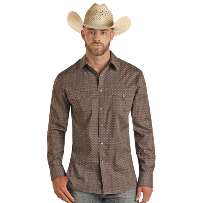 Rock & Roll Denim Ditsy Geo Print Sleeve Snap Shirt