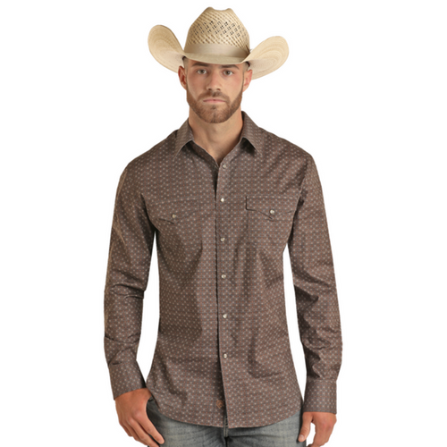 Rock & Roll Denim Ditsy Geo Print Sleeve Snap Shirt