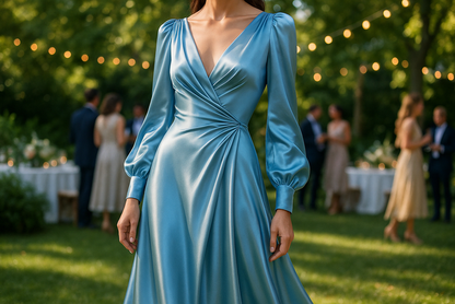a lovely detailed dress in out door party with Silk Charmeuse Wide - Sky Blue