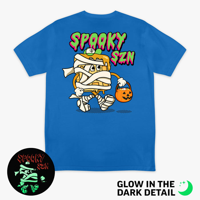 Blue graphic tee with glow-in-the-dark "Spooky SZN Waffle" detail
