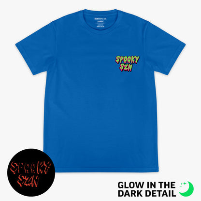 Blue graphic tee with glow-in-the-dark "Spooky SZN Waffle" detail