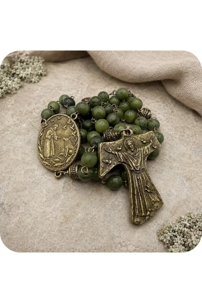 St. Francis Tau Jade Rosary - Handmade in Scotland