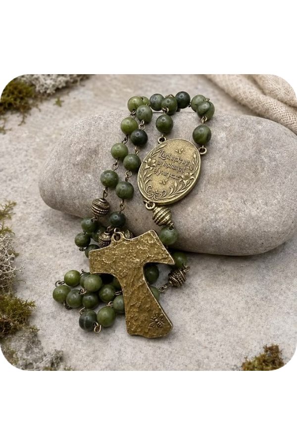 St. Francis Tau Jade Rosary - Handmade in Scotland