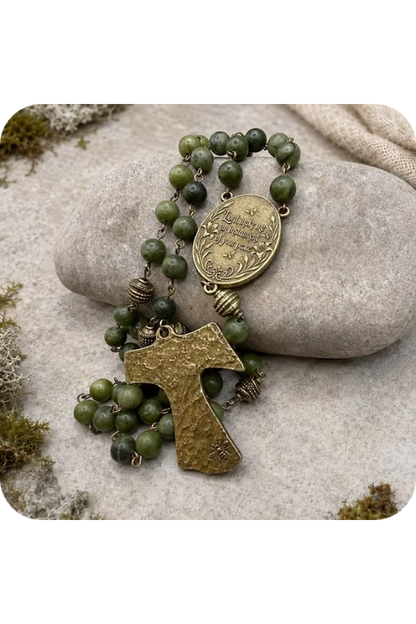 St. Francis Tau Jade Rosary - Handmade in Scotland