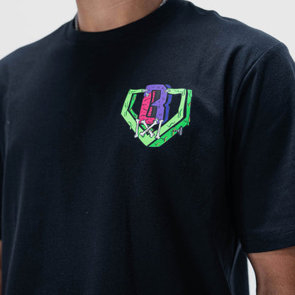 Adult model wearing black graphic tee with "Stitched For The Show" design