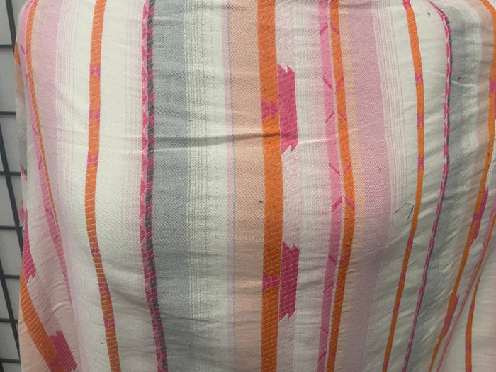Stripe Print Cotton  - Off White, Gray, Orange, Pink & Lurex