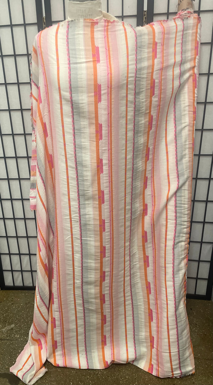 Stripe Print Cotton  - Off White, Gray, Orange, Pink & Lurex