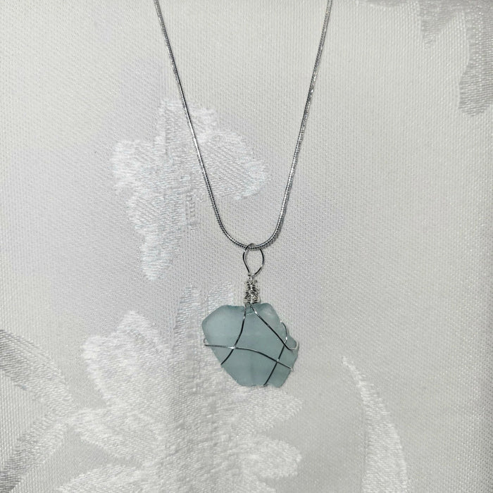 Wire Wrapped Seaglass Necklace 18" - Light Blue - Potpourri Gift Shop