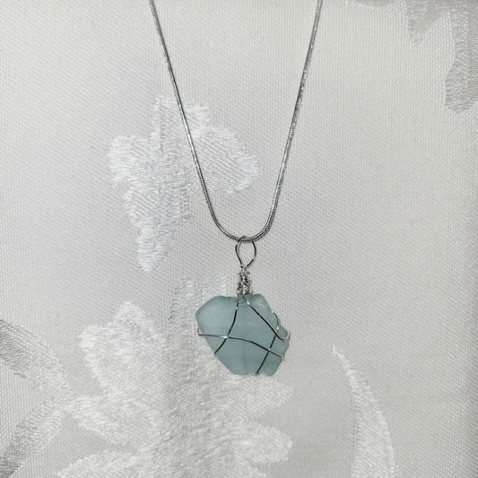 Wire Wrapped Seaglass Necklace 18" - Light Blue - Potpourri Gift Shop