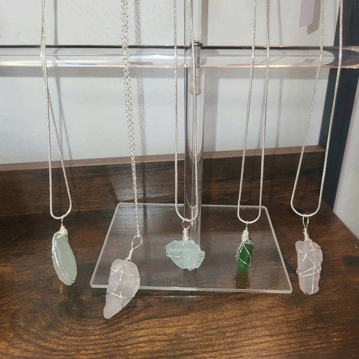 Wire Wrapped Seaglass Necklace 18" - Light Blue - Potpourri Gift Shop